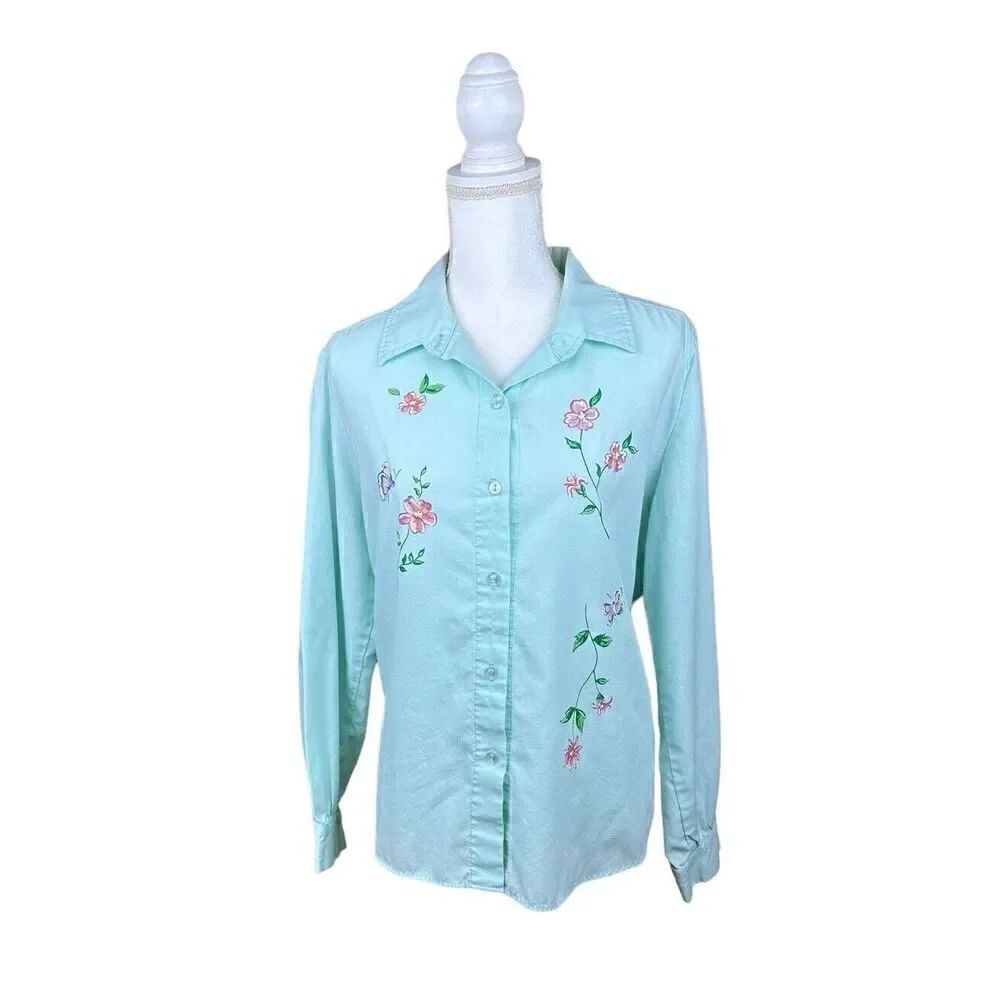 Vintage Blair Light Mint Green Hand Painted Floral Blouse Women’s Size Large